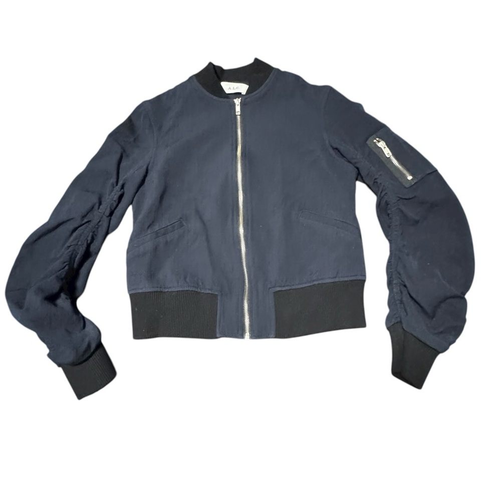 A.L.C. Wool‎ blend ruched sleeve bomber navy zip jacket minimalist grunge sz 4